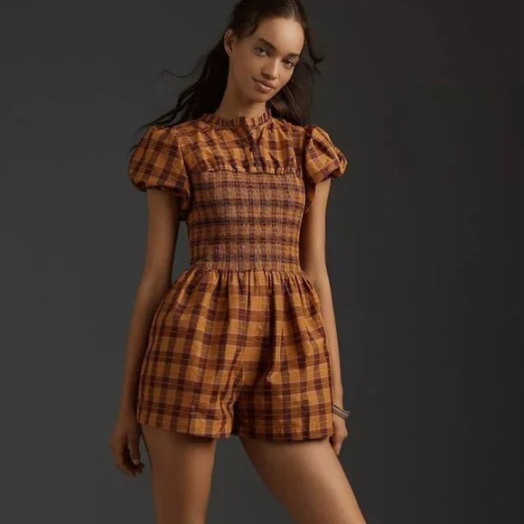 Anthropologie Maeve PUFF-SLEEVE SMOCKED ROMPER